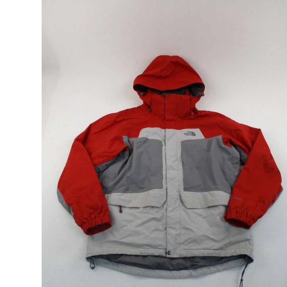 The North Face Jacket Mens L Red Grey HyVent Hooded Waterproof Colorblock Shell